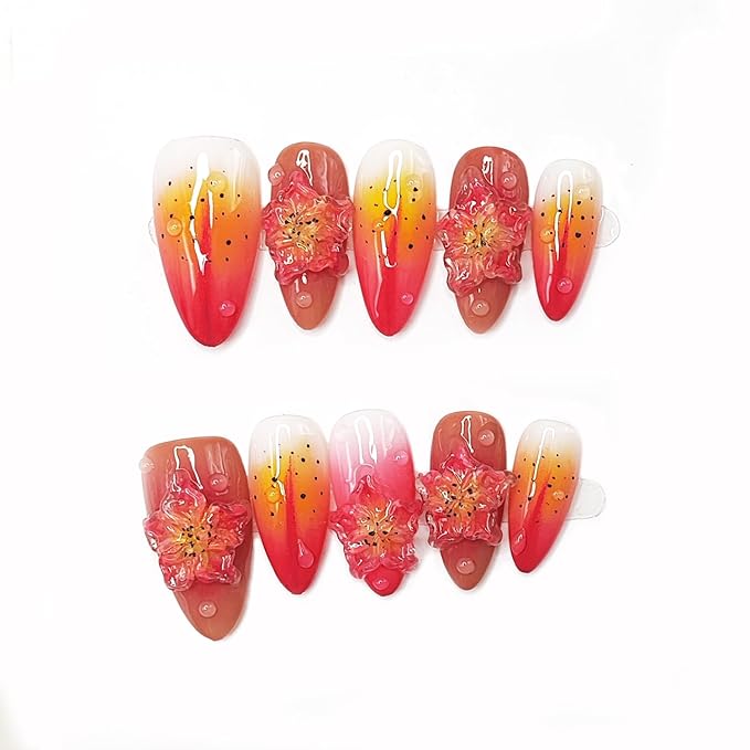 Gradient Medium Almond Press on Nails with 3D Pink Flower Embossed Fake Nails Muti-Layer Gel Handmade Press on Nails Thick Fake Nails Glossy Acrylic Nails for Women Nail Art Manicure (Size S)