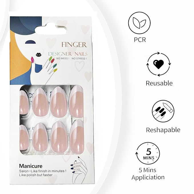 French Tip Press On Nails， White Short Almond Reusable Stick On Nails in 12 Sizes - 24 Soft Gel Fake Nail Kit for Women