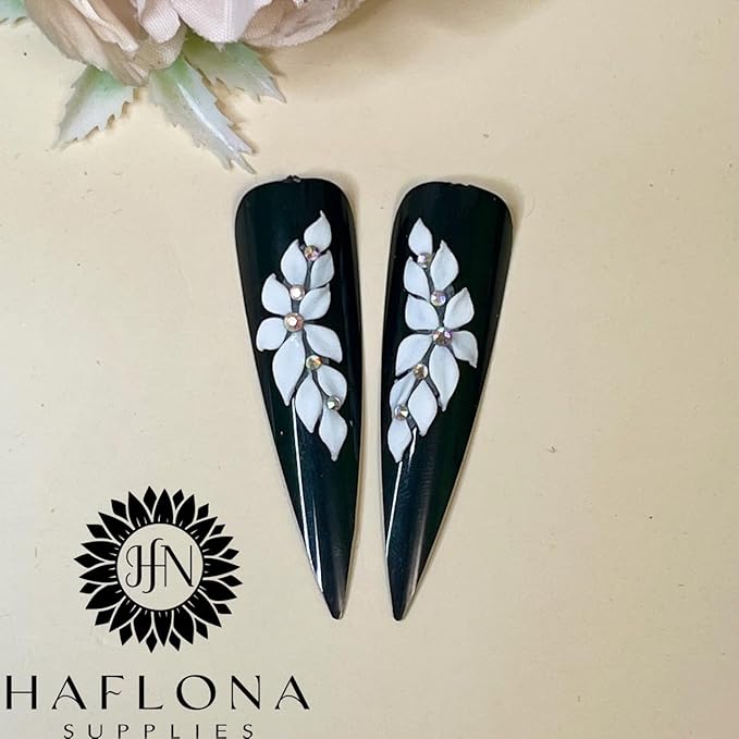 Handmade 12Pcs -3D -Acrylic White Apricot -Flowers -for -Nails Long Size L, XL, XXL, Flower Nail Charms Rhinestones, Floral Gems Kit Accents for Crafts and Designs -HaFloNa