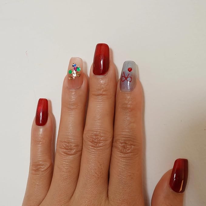 Valentine Red Press on Nails Short Coffin - Red Cat Eye & Glitter Blue with Bow Multi-colored Decorative Accents New Year Fake Nails for Winter Holiday(Holiday Wishes,S)