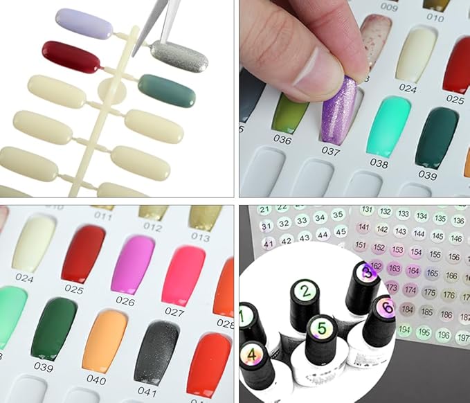 216 Colors Nail Swatches Book with 240 Nail Tips and Number Labels Leather Nail Gel Polish Display Book Nail Painting Practice Design Board No Need Pasting, No Need Glue