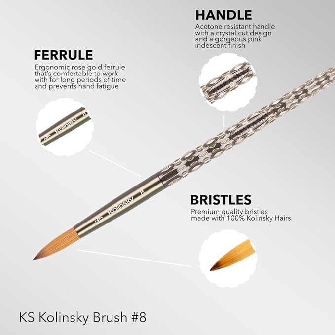 Kiara Sky Acrylic Brush #8 - Black | 100% Pure Kolinsky | Crystal Cut Handle and Acetone Resistant