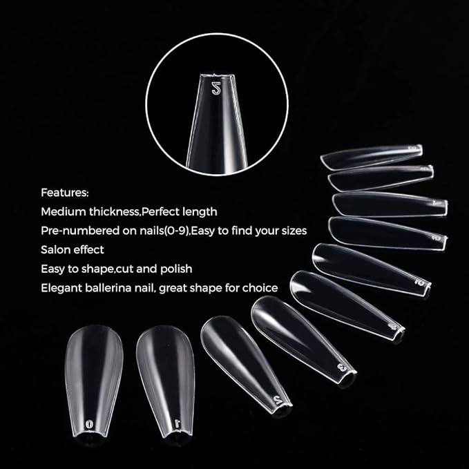 600Pcs Long Coffin Fake Nails Clear Full Cover Acrylic False Nail The Non-Trace Ballerina Nail Tips 10 Sizes With Bags For Nail Salons And DIY Nail Art at Home