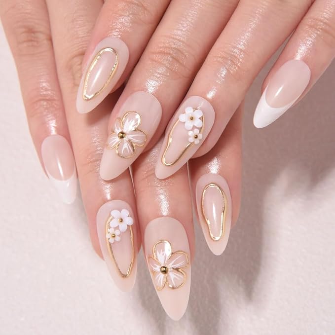 evpct 3D Flower French Press on Nails Medium Almond with Gold Line Design, White French Tip Stick on Nail for Women Gift with Kit, Reusable Full Cover Soft Gel Press on Fake Nail with 3D Floral Design