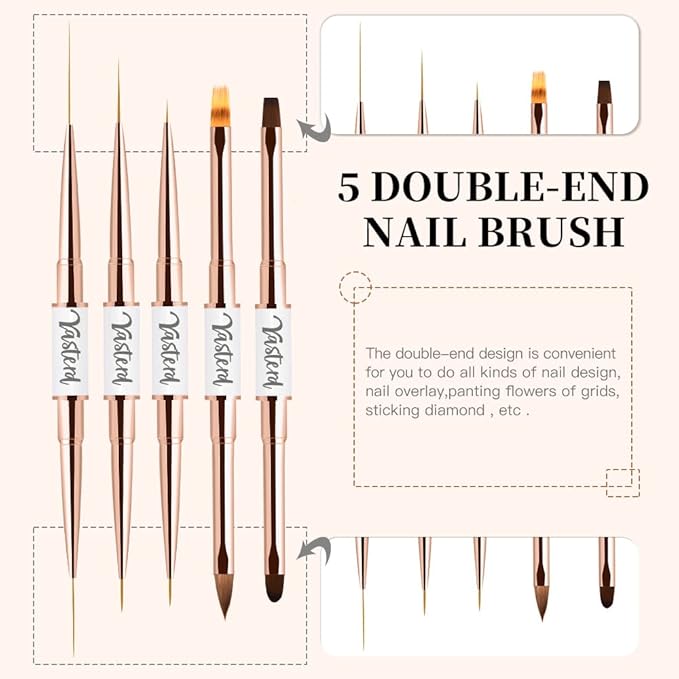Yasterd Nail Art Brushes Set - Professional 5pcs Double-Ended Acrylic Nail Art Brushes Liner Detail Thin Brushes for Drawing Design Brushes Gel Builder Brushes 3D Nail Art Tools for Salon at Home DIY Manicure