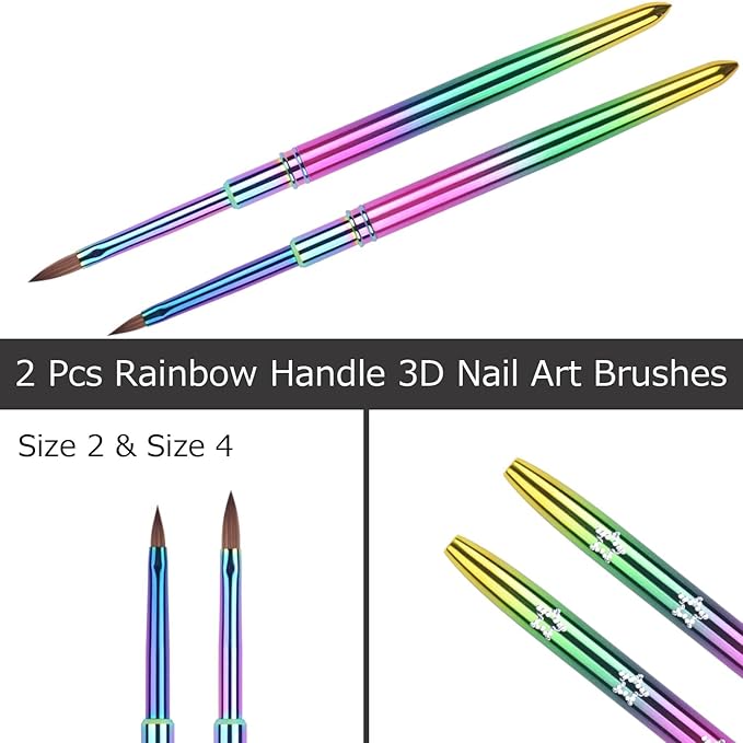2Pcs Kolinsky Acrylic Nail Brush Set Rainbow Handle 3D Nail Art Brushes Size 2 & 4