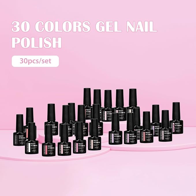 MEET ACROSS 30 Pcs Pink Gel Nail Polish Set, 30 Colors Gel Polish Nude Light Baby Pink Purple Glitter Soak off Uv Led Manicure Kit for DIY Manicure Gift for Women