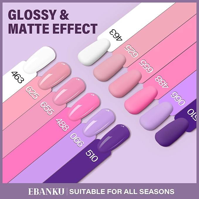 EBANKU 6 Pcs Pink Gel Nail Polish Set, 15ML Same Color Same Bottle Valentine's White Purple Soak Off Gel Nail Polish Kit Nail Art Manicure Gifts for Women