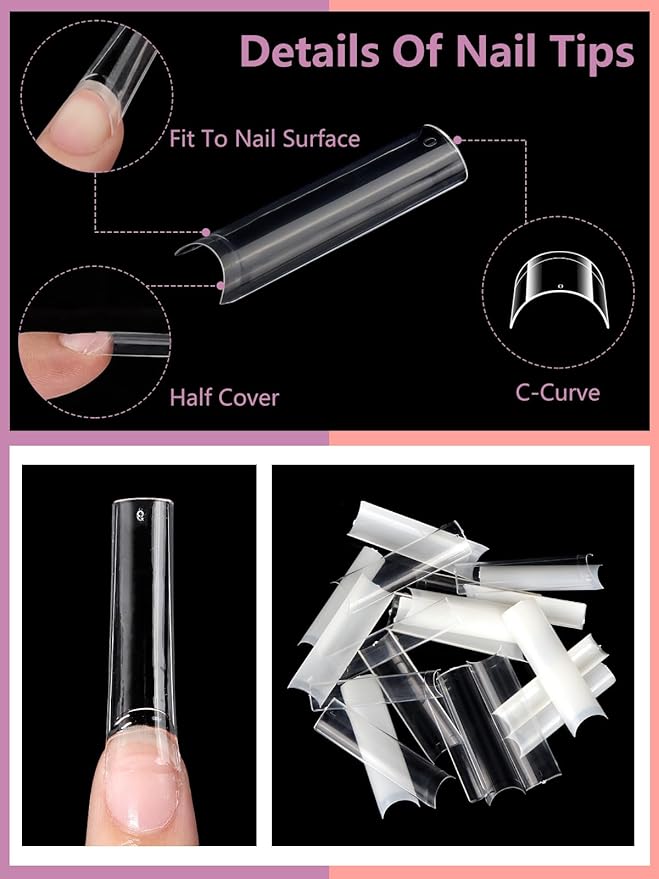 480PCS Extra Long C Curve Nail Tips and Glue, 2 Packs Natural and Clear Acrylic for Nails Professional Set, 12 Sizes Artificial Straight Square French False Nail Tips