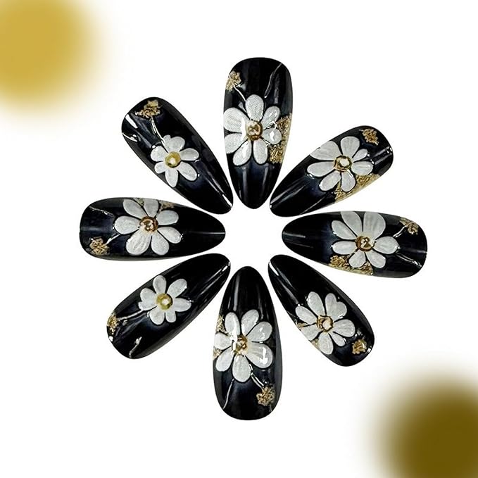 Press on Nails Medium Almond MABKJLF Embossed Fake Nails Cute Daisy False Nails with Designs Gold Foil Black & White Glossy Glue on Nails Acrylic Nails for Women Girls 24Pcs