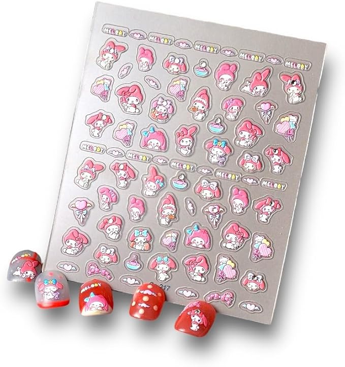 Anime Nail Stickers 5D 3D Embossed Japanese Kawaii Nail Art Decals for Unisex DIY Nails Design, Self Adhesive Stickers for Natural Gel Press On Nails, Cute Otaku Cosplay Gift Pink (MELO)