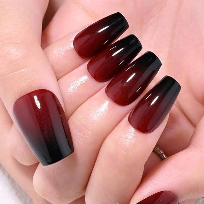 Black Dark Red Ombre Glossy Press on Nails Coffin Acrylic Fake Nails Stylish Design, Natural Reusable Nails Kit for Women DIY False Nail Art Decoration Gift, Salon Quality Reusable 15/30 Pcs