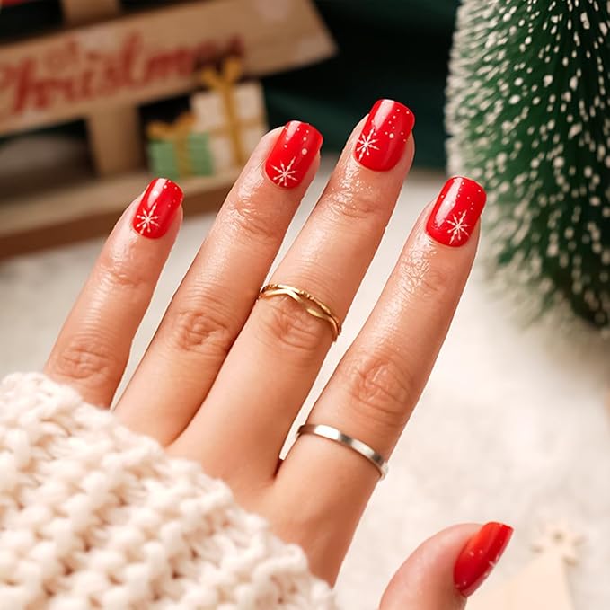 6 Packs (144 Pcs) Christmas Press on Nails Short Square Fake Nails Winter Xmas False Nails with Designs Snowflake Marple Leaves Glue on Nails Full Cover Glossy Acrylic Stick on Nail for Women Manicure