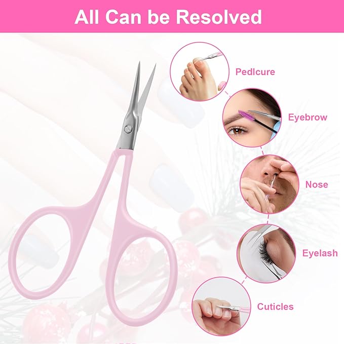 CGBE Manicure Scissors, Extra Fine Eyebrow Scissors for Grooming, Curved Blade Nail Scissors Precise Pointed Tip Grooming Kit for Eyebrow, Eyelash, Trim Nail and Dry Skin, Pink