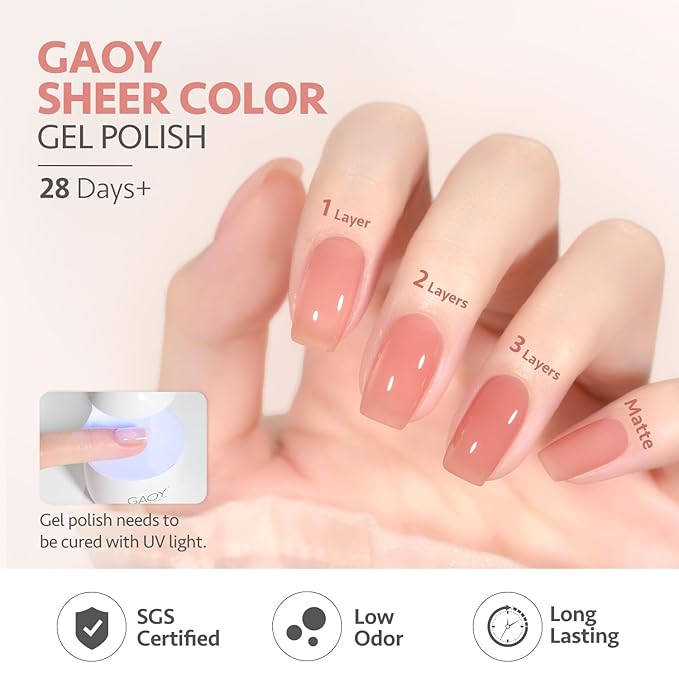 GAOY Milky Pink Jelly Nude Gel Nail Polish Set, 6 Transparent Colors Sheer White Soak Off UV Light Cure Gel Polish Kit for Salon and Nail Art DIY at Home