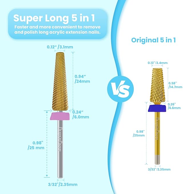 24mm Super Long 5-in-1 Tapered Barrel Nail Drill Bit, 3/32'' Tungsten Carbide E-File Bit for Fast Gel Removal & Long Nail Shaping, Two-Way Rotation Safety Bit for Acrylic Extensions, Double Fine