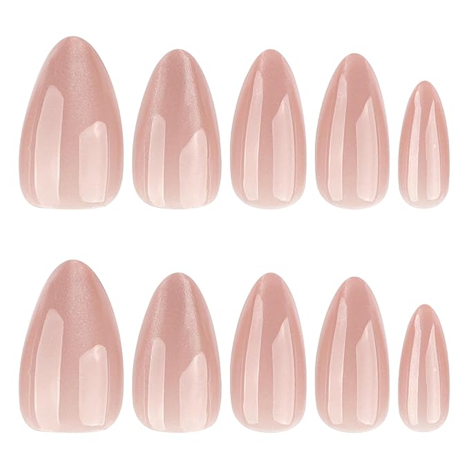 Nude Press on Nails Short Almond Fake Nails Cute Cat Eye False Nails Press ons with Design Chrome for Women Manicure,Glossy Finish | Reusable | Nail Kit with Jelly Adhesive Tabs | 24 Pcs