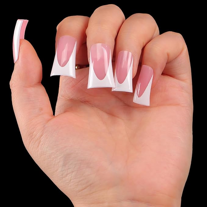 outopen 120pcs Duck Nail Tips Short Caramel Pink French Duck Tips Full Cover Fan Flare Duck Tips for Wide Press on Nail Crystal Duck Feet Nail Tips for Polygel Acrylic Extension, 12 Sizes