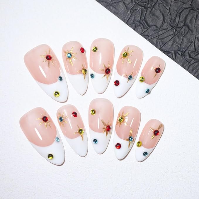 10Pcs Medium Almond Handmade Press On Nails | Nude Pink & White French Tip with Gold Starburst & Multicolor Rhinestone Decor | Reusable Salon-Quality Fake Nails for Women and Girls (L05, XS)