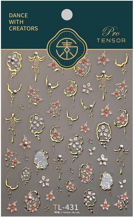 Flower Nail Art Stickers 5D Embossed Spring Nail Decals Floral Nail Stickers for Nail Art Metal Frame Nail Design with Pearl Nail Art Supplies for Women Girls
