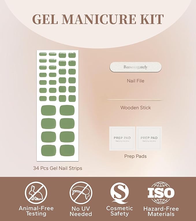 Toe Gel Nail Stickers - 34PCS Salon Quality Wraps no UV Light Needed - Long Lasting Toe Nail Polish Strips for Women (Forest Green)