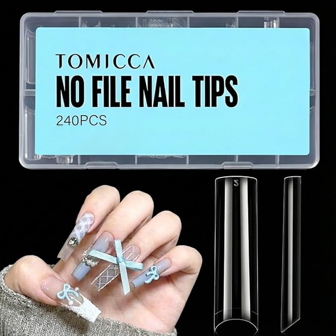 TOMICCA Extra Long Square Nail Tips XXL – 240pcs Clear Half Cover No C Curve Nail Tips, 10 Sizes False Nails for DIY & Salon, Beginners & Professionals