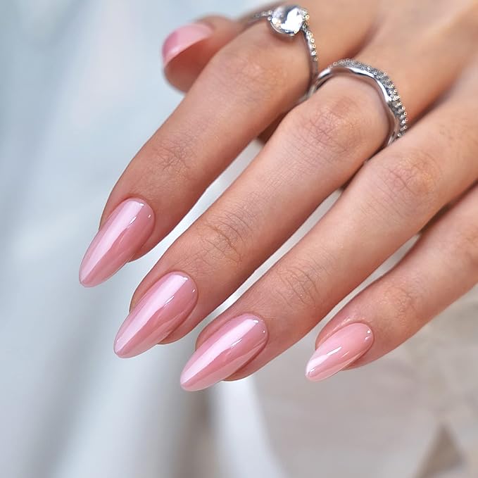 BTArtbox Press On Nails Almond - Soft Gel Press on Nails Pink Chrome Nails, Light Weight & Fit Perfectly, Natural Fake Nail with Nail Glue, Medium Glue On Nails in 15 Sizes - 30 Nail Kit, Lotus Glazed