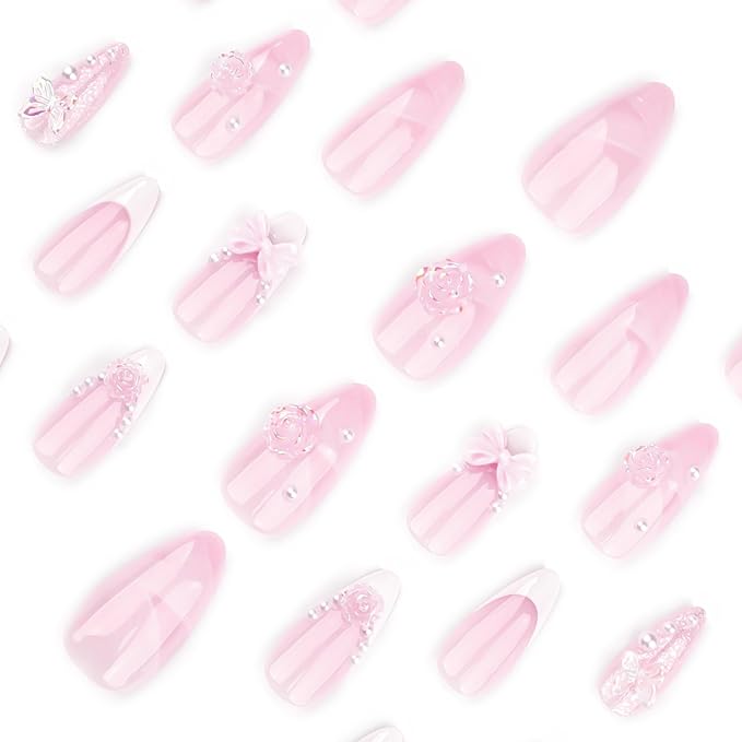 Press on Almond Nails - Medium Fake Nails with Bow Flower Charms Design - White French Tip False Nails for Women 24 Pcs