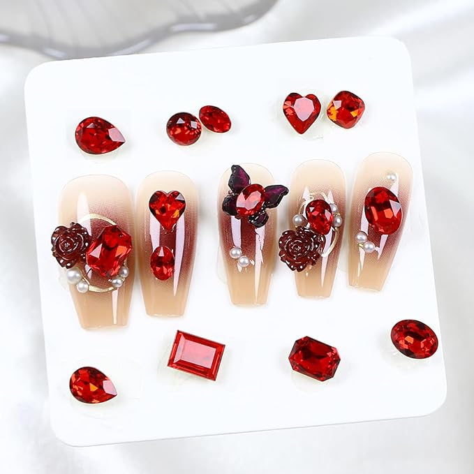 DONGZHOU 72pcs Mix Shape Nail Art Rhinestone,7 Styles Glass Nail Rhinestones Pointback Nail Gems Shiny 3D Nail Charms for Nail DIY Decorations Crafts,Red