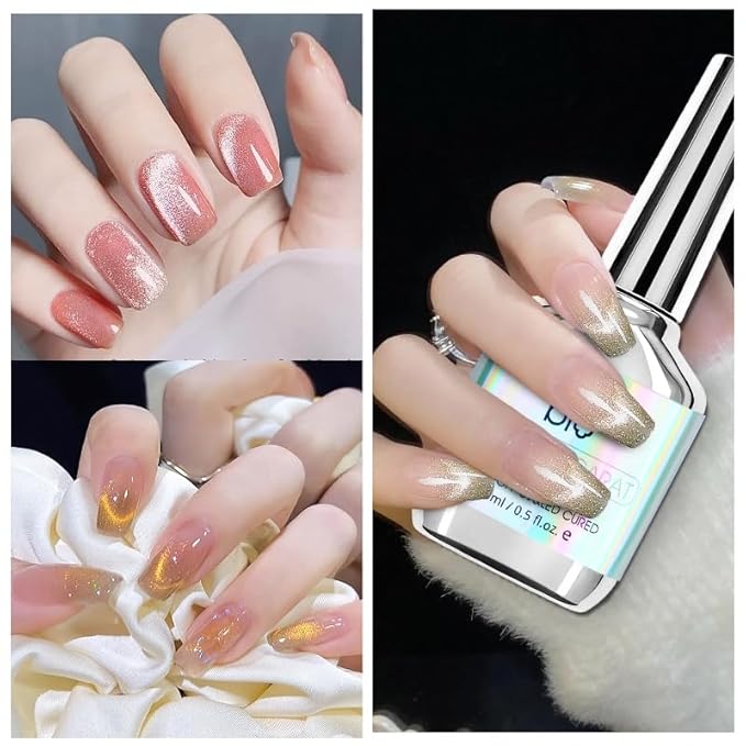 Cat Eye Gel Nail Polish Set with Magnetic Powder, 4 x 15ml Bottles, UV/LED Cured, Long-Lasting 4 Weeks, Stunning Magnetic Effects, DIY Manicure Kit, 01