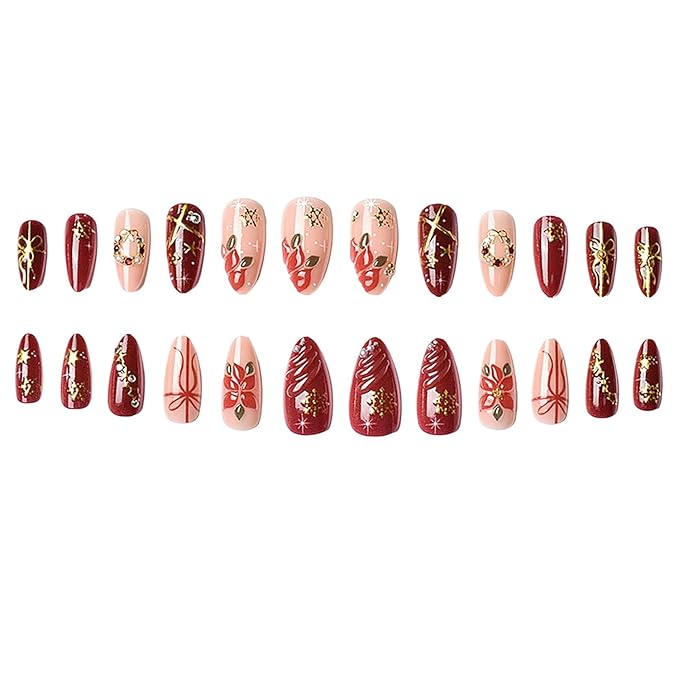 Christmas Press on Nails Medium Almond MABKJLF Fake Nails 3D False Nails with Flower Snowflake Stars Bow Pearls Rhinestones Designs Glossy Glue on Nail Winter Acrylic Nails for Women Girls 24Pcs