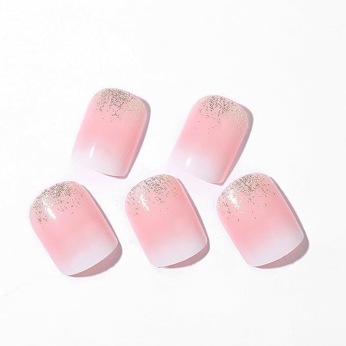 Ombre Press on Nails Short Square MABKJLF French Tip Fake Nails False Nails with Designs Gold Glitter White Pink Gradient Glossy Glue on Nails Acrylic Nails for Women Girls 24 Pcs
