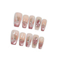 Press on Nails Medium Coffin False Nails with Butterfly Design, White Rhinestones & Pearls, Pink Gradient Glossy Cat Eye, Handmade Tips with Tool Kit Salon Nails Sweet Style for Women(Size M)