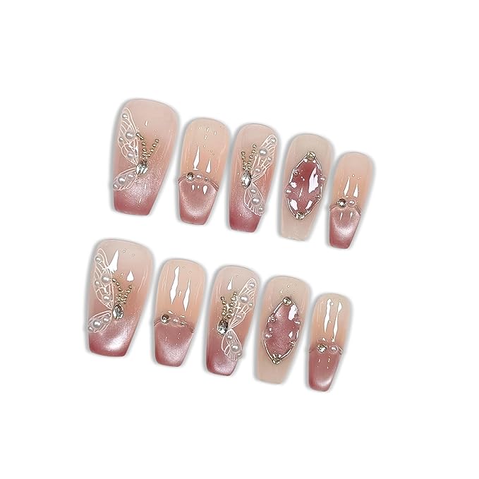 Press on Nails Medium Coffin False Nails with Butterfly Design, White Rhinestones & Pearls, Pink Gradient Glossy Cat Eye, Handmade Tips with Tool Kit Salon Nails Sweet Style for Women(Size L)