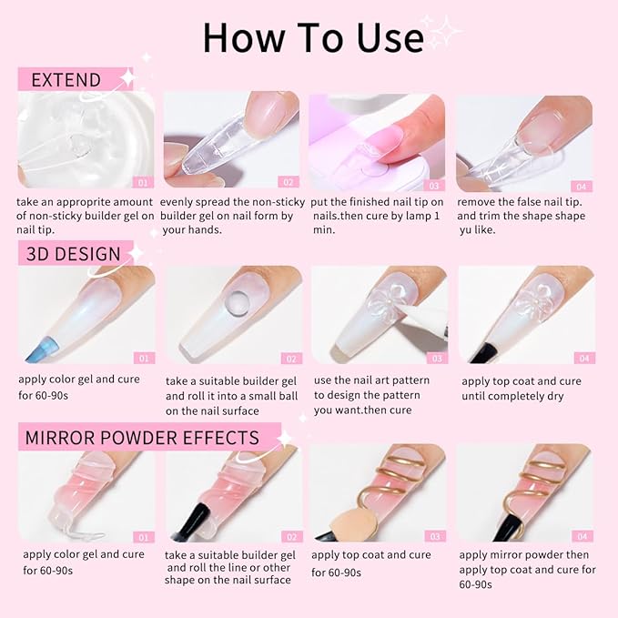 Solid Nail Builder Gel Set, Nudepink & Clear Nail Extension Gel with Nail Art Tools, DIY Non Stick to Hand for Nail Art, Solid Builder Gel for Long Lasting Manicures Nail Enhancement Gel Poly Nail Gel