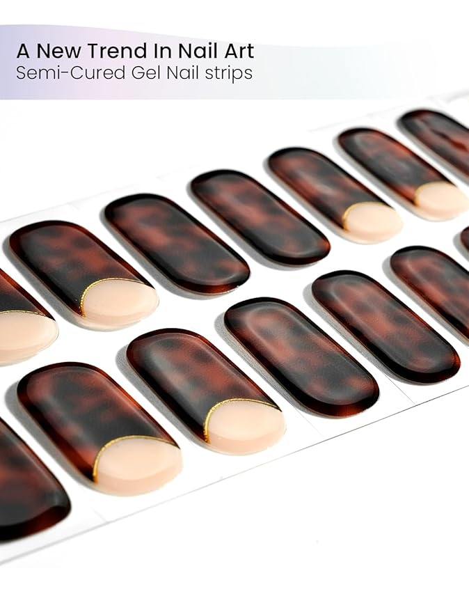 Semi Cured Gel Nail Strips | Built-In Gel Top Coat | UV Light Required | Salon Quality, Easy Application And Removal (Vintage Tortoiseshell）