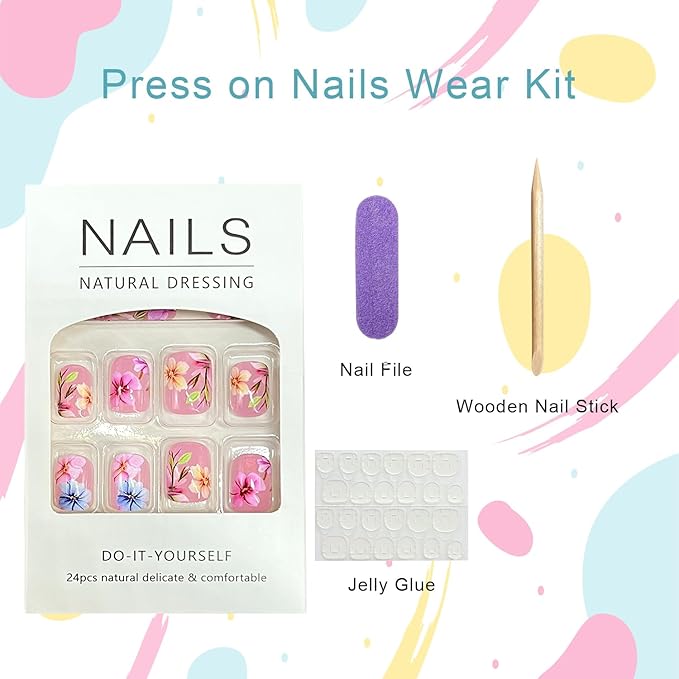 Flower Press on Nails Medium Square Fake Nails with Colorful Floral Leaf Designs Pink False Nail Spring Summer Stick on Nail for Women 24Pcs