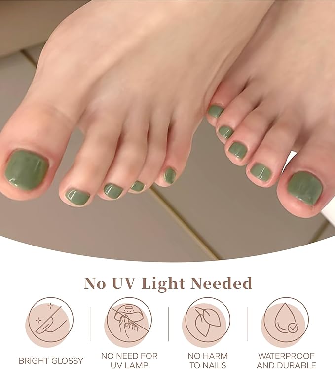 Toe Gel Nail Stickers - 34PCS Salon Quality Wraps no UV Light Needed - Long Lasting Toe Nail Polish Strips for Women (Forest Green)