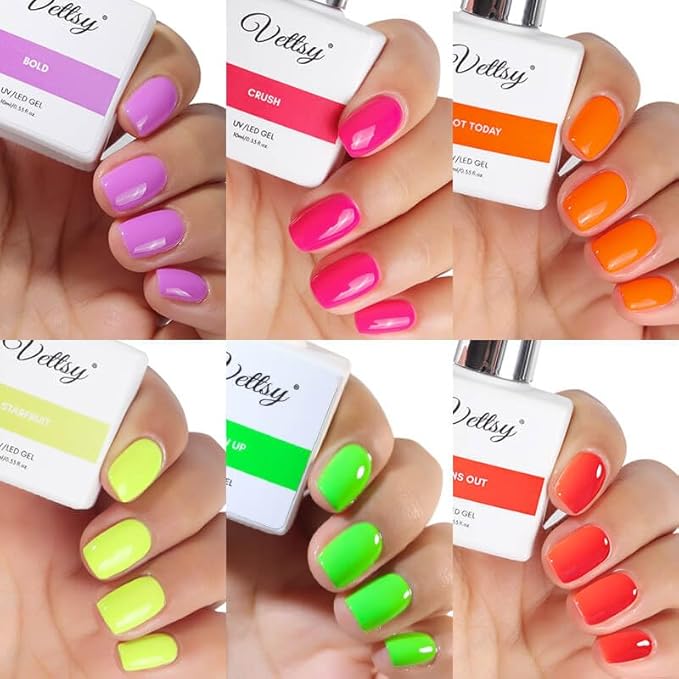 vettsy HEMA-Free Neon Gel Nail Polish Kit - 6 Vibrant Long-Lasting Soak-Off UV/LED Gel Polishes - Vegan & Cruelty-Free for Healthy, Chip-Resistant Nails