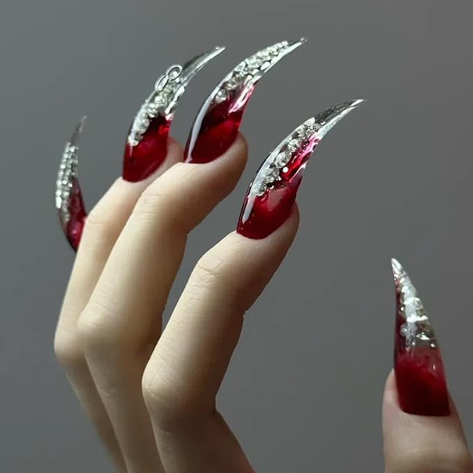 Halloween Press on Claw Nails Long Stiletto Red Diamond Gothic Style Press on Nails Reusable Thick Acrylic Cat Dragon Claw False Nails with Designs Eagle Claw Glossy Glue on Nail
