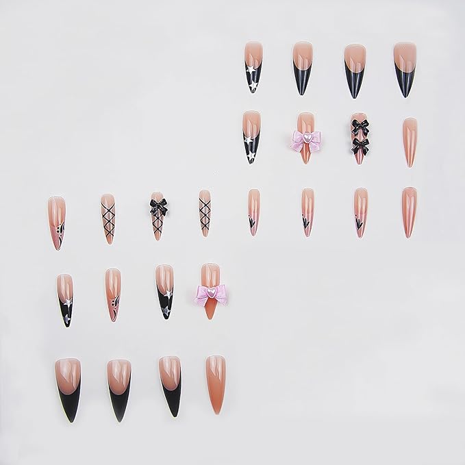 MISUD Press on Nails - Long Stiletto Fake Nails with Black French Tip, Acrylic Star Bow Design 24 pcs