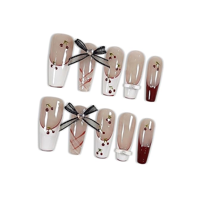 Ballet Press On Nails Long Coffin,French Red White Fake Nails Tips with Cherry Checker Design, 3D Bow Retro Cute Cat Eye False Nails for Sweet Edgy Daily Style 10PCS Nails with Tools Kits(L)