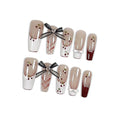 Ballet Press On Nails Long Coffin,French Red White Fake Nails Tips with Cherry Checker Design, 3D Bow Retro Cute Cat Eye False Nails for Sweet Edgy Daily Style 10PCS Nails with Tools Kits(L)