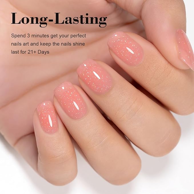 RARJSM Glitter Rubber Base Gel Nail Polish Nude Peach Pink Rubber Base Rainbow Iridescent Shimmer Brush on Quick Extend Builder Hard Gel Soak Off Curing Requires 15ml Salon Home French Manicure