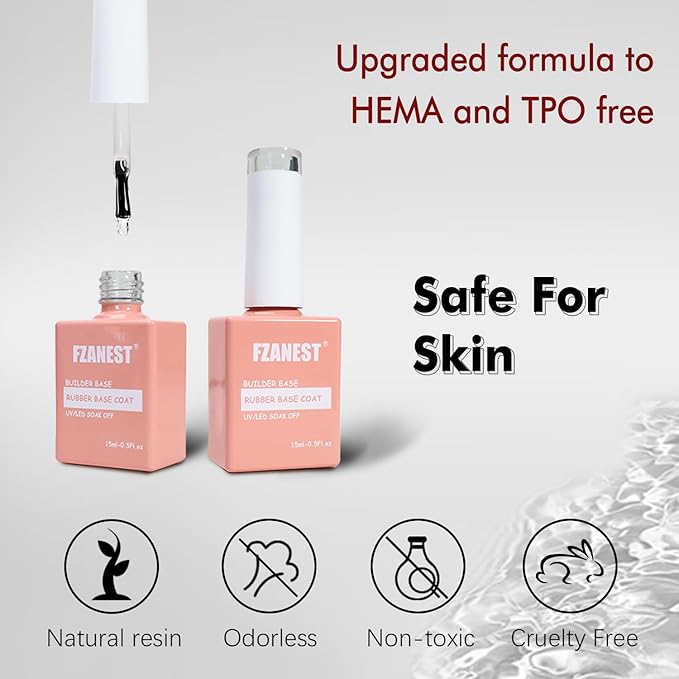 FZANEST Hema Free Rubber Base Builder Gel For Nails, Rubber Base Coat for Nail Strengthen Apex Building Extension Long Lasting Protect in A Bottle Soak Off UV LED Clear Gel Nail Polish