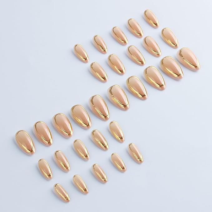Almond Press On Nails Short Fake Nails Gold False Nails Press ons with Golden Edge Wrap Design Glossy Acrylic Full Cover Luxury Stick on Nails for Women Girls Daily Manicure 30Pcs