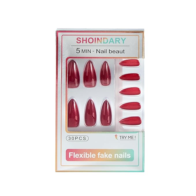 Valentines Red Cat Eye Press On Nails Almond Red Glitter Fake Nails Medium, Holiday Sparkle 15 Sizes Reusable Nail Kit - 30 Pcs with Glue