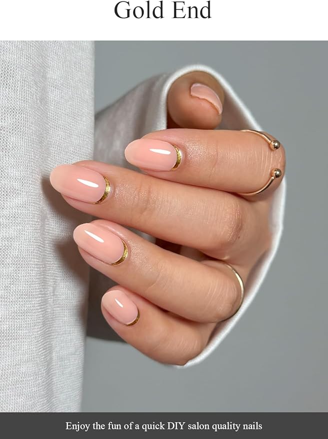 Semi Cured Gel Nail Strips (Gold End), Gold Foil Line Design, Nude, 20 Pcs Gel Nail Wraps, Stickers, UV Light Required, Salon Quality, Long Lasting