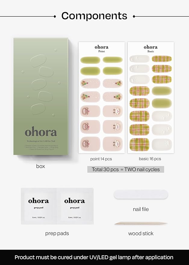 ohora Semi Cured Nail Strips (N Beary Merry) - Works with Any UV/LED Lamps, Salon-Quality, Long Lasting, Easy to Apply & Remove - Includes 2 Prep Pads, Nail File & Wooden Stick