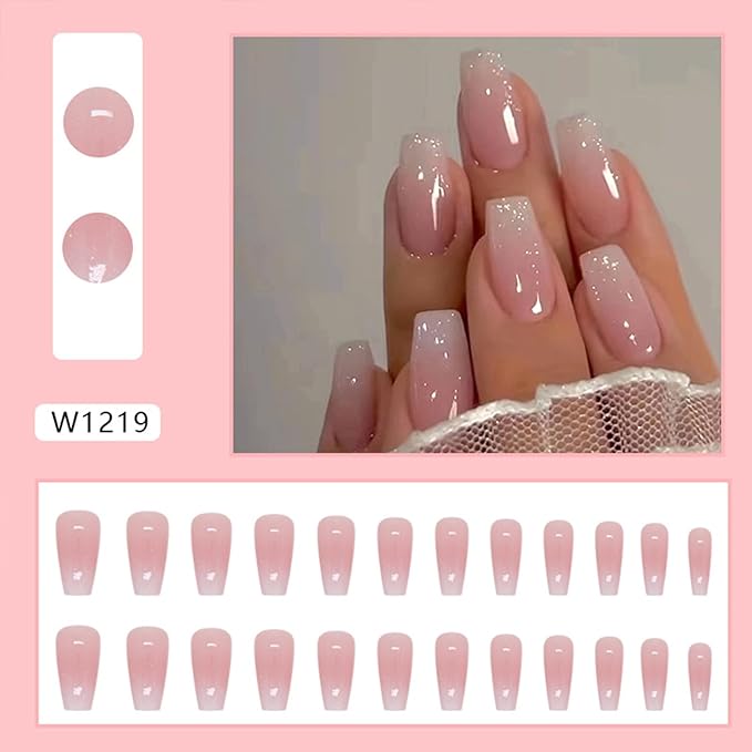 Pink Press on Nails Medium Coffin Fake Nails Gradient Pink False Nails with Design Glitter Glossy Glue on Nails Full Cover Acrylic Stick on Nail Ombre Artificial Nail for Women Manicure 24Pcs